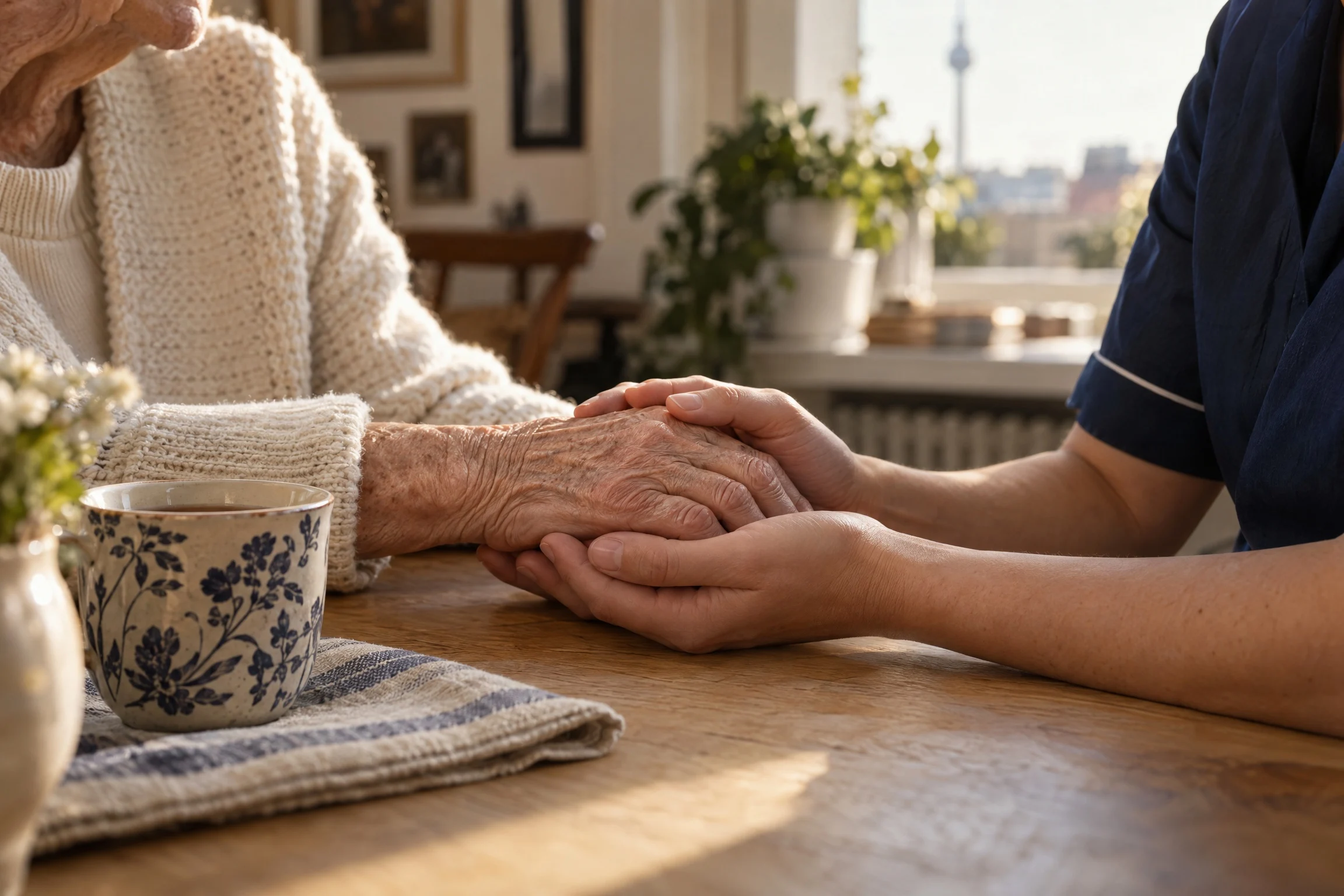 Eine unterstützende Hand hält behutsam die Hand einer älteren Person