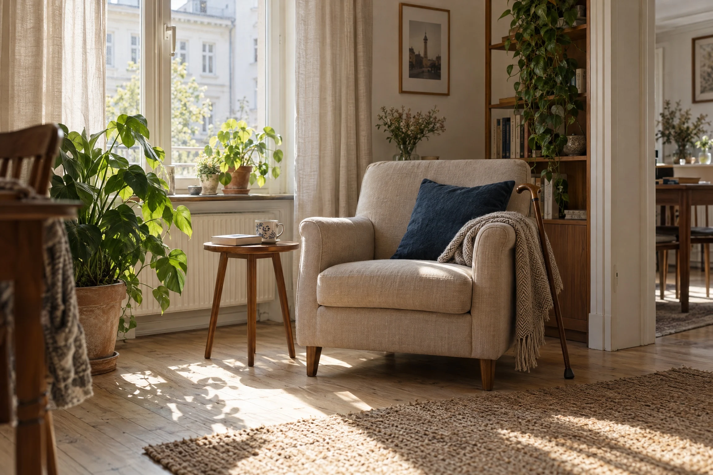 Ein vertrauter Sessel, eine Tasse und persönliche Dinge in einem lichtdurchfluteten Zuhause